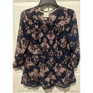 Know Rose Navy & Rose‎ Floral BOHO Elastic Cuffs Embroidered Trim Small Babydoll